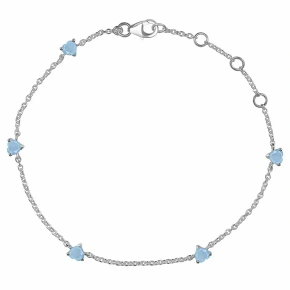 Natural Aquamarine Heart Shape 925 Sterling Silver Dainty Bracelet - Picture 2 of 3